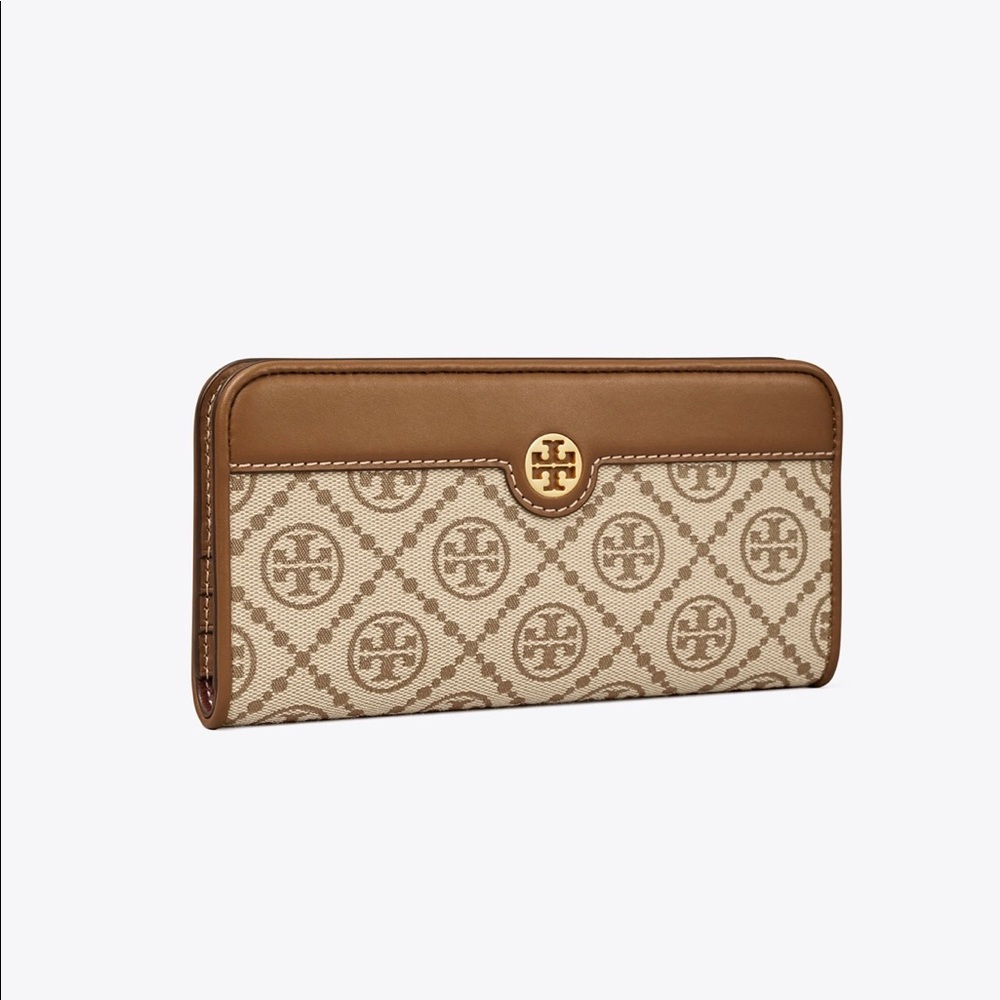 Authentic NWT Tory Burch “T Monogram Jacquard Zip Slim Wallet” Hazelnut color